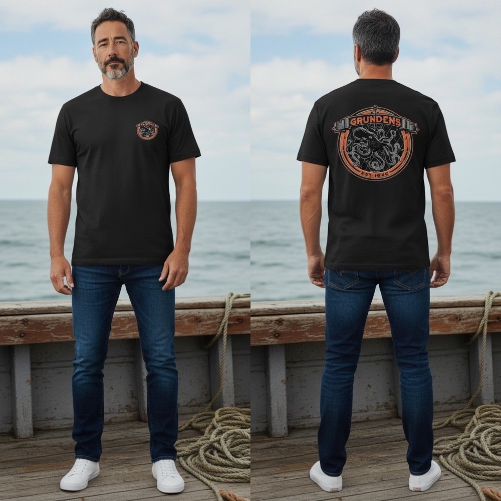 Grundens Mens Black Octopus Anchor Graphic T-Shirt Cotton Size M Short Sleeve